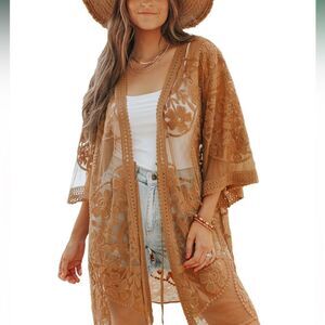 NWT Bsubseach Kimono Cover up Duster tan/light brown One Size fits Medium to XL